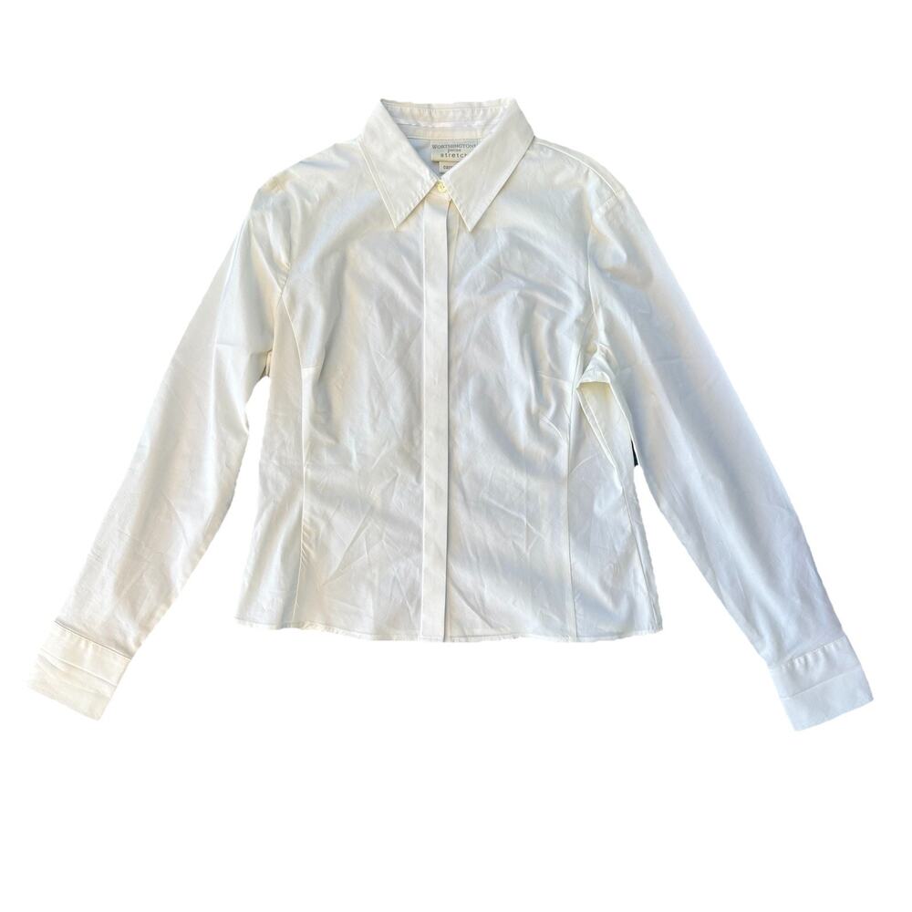 Worthington Petite Stretch Easy Care 8 Petite white ruffle shirt cotton VTG